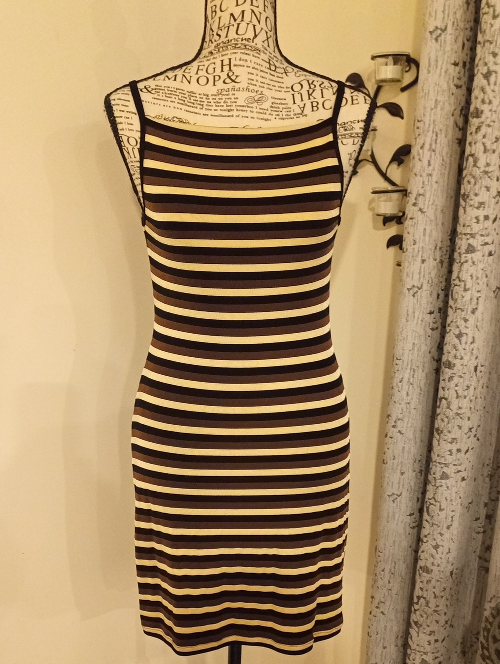 XOXO Black and Cream Striped Bodycon Slip Dress with Thin Straps